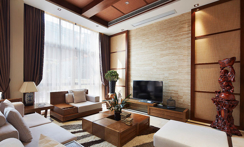 客厅以大气优雅为主，电视机背景以冷静线条分割空间，代替一切繁杂与装饰。