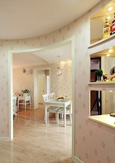 简欧风格别墅50平米餐厅粉色碎花壁纸软装效果图