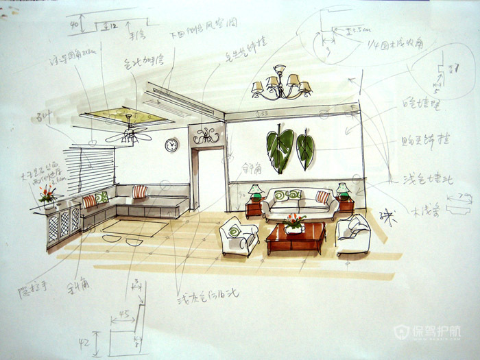 客厅餐厅手绘设计图-房屋效果图-保驾护航装修网