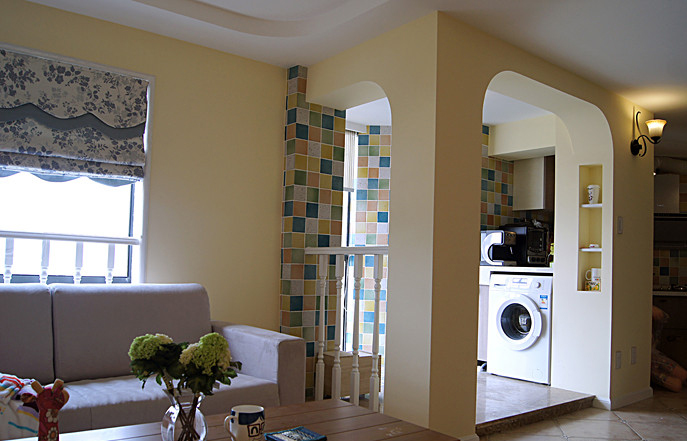 地中海风格三室两厅30平米客厅马赛克瓷砖墙面铺装效果图