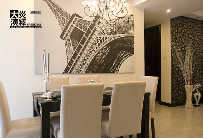 混搭风格开放式三室一厅5平米餐厅壁纸装潢效果图