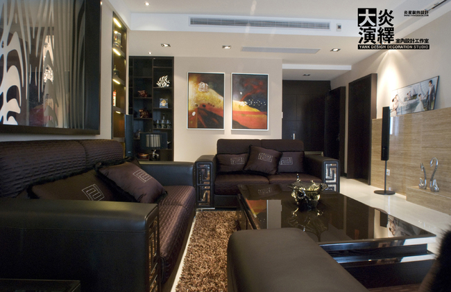 后现代风格三室一厅20平米客厅皮质沙发软装效果图
