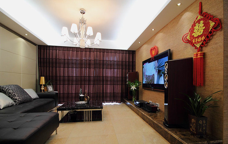 新中式风格四室一厅50平米客厅灯具软装搭配效果图