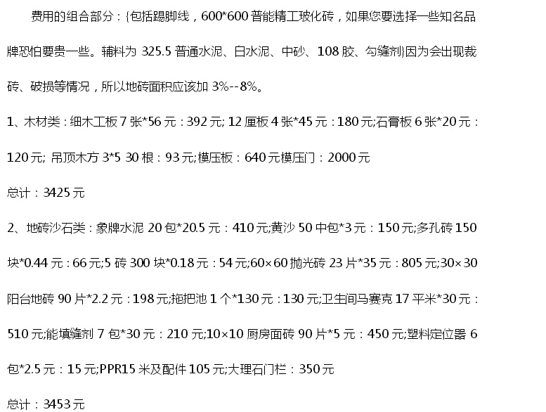 60平米小戶型家居裝修預(yù)算費(fèi)用清單