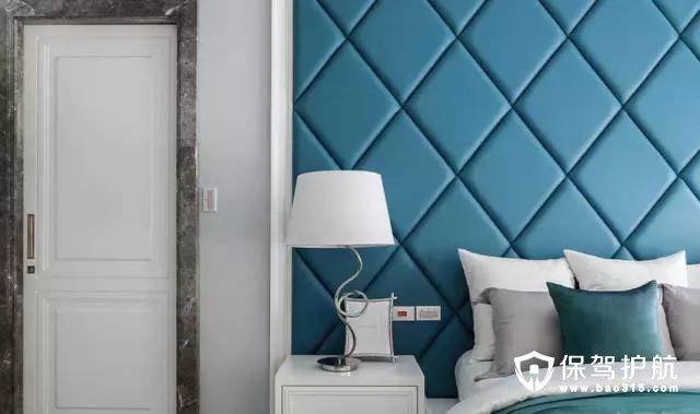 地中海蓝真牛皮做菱格纹设计卧室床头背景墙装修效果图