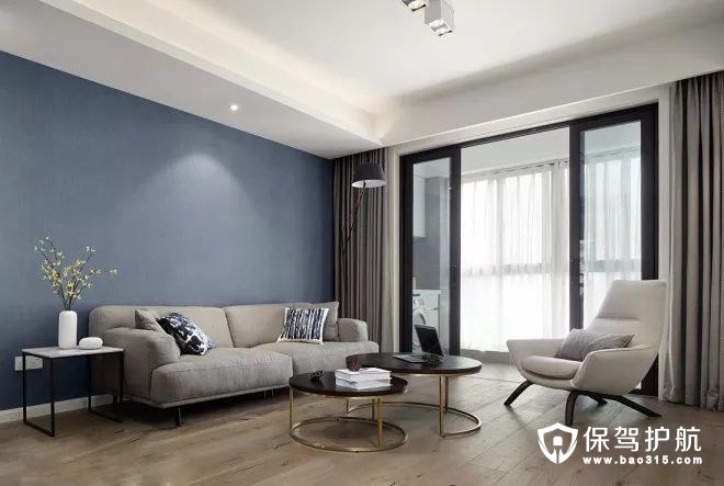 牛仔蓝色北欧风格客厅沙发背景墙装修效果图