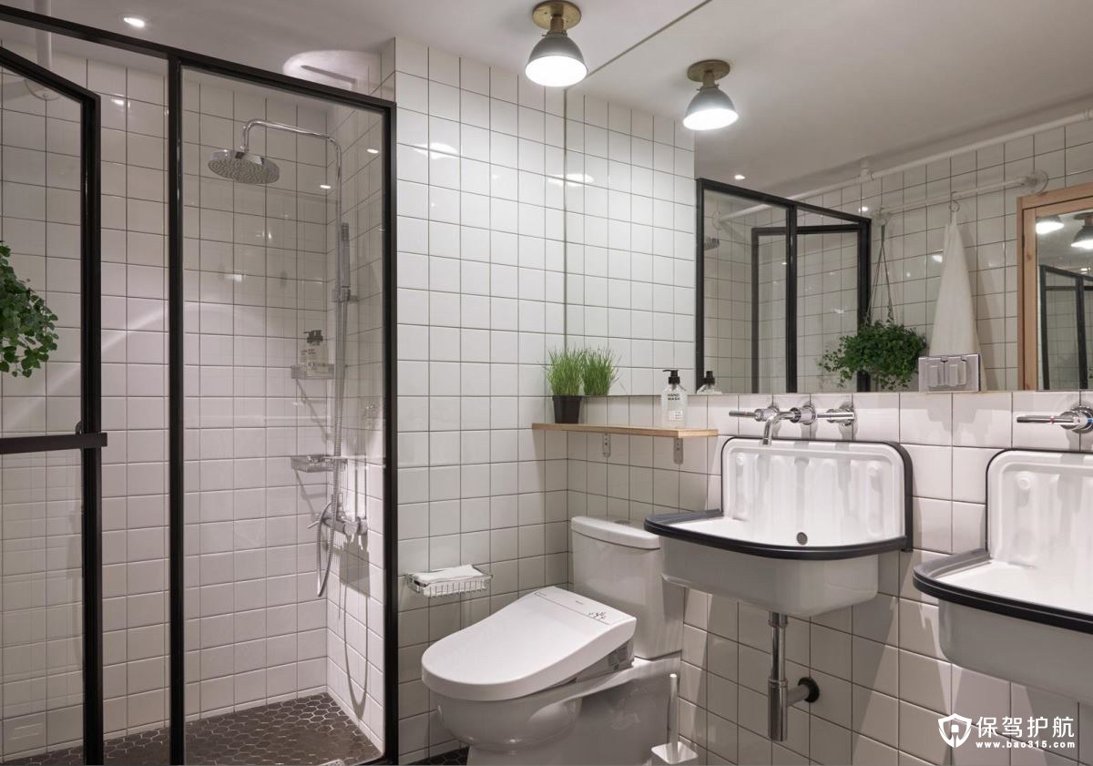 loft风格浴室格子花纹浴室贴砖黑边的玻璃门、洗手盆
