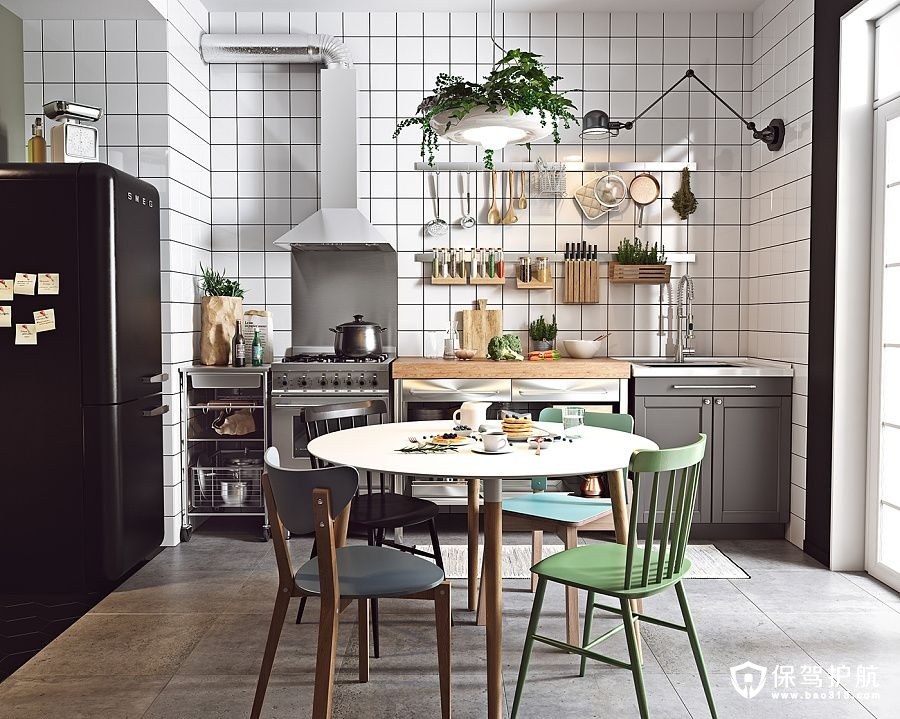 北欧风格开放式的厨房和餐厅方格小花砖贴