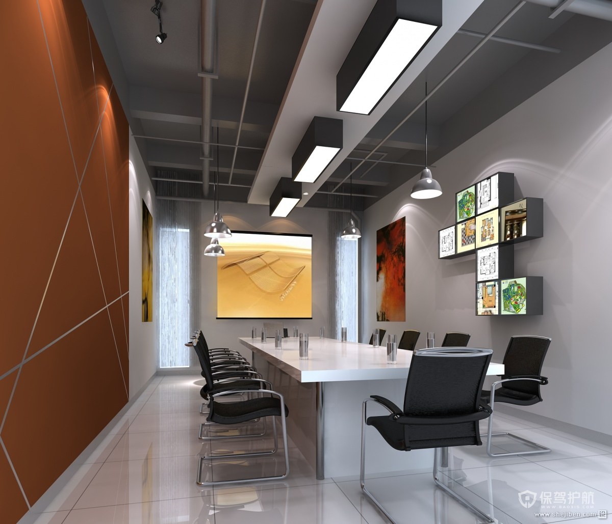 现代长方形开放式办公室设计图