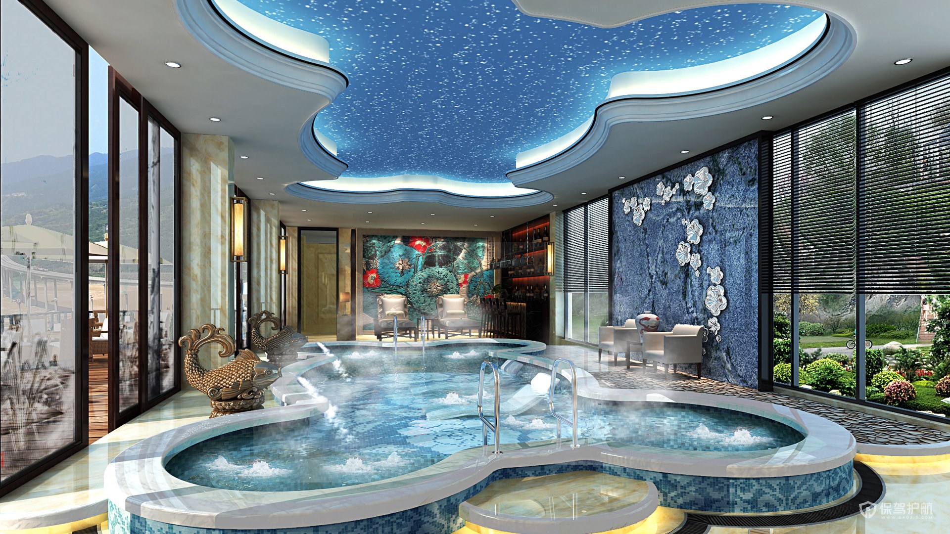 中式豪华酒店游泳池装修效果图