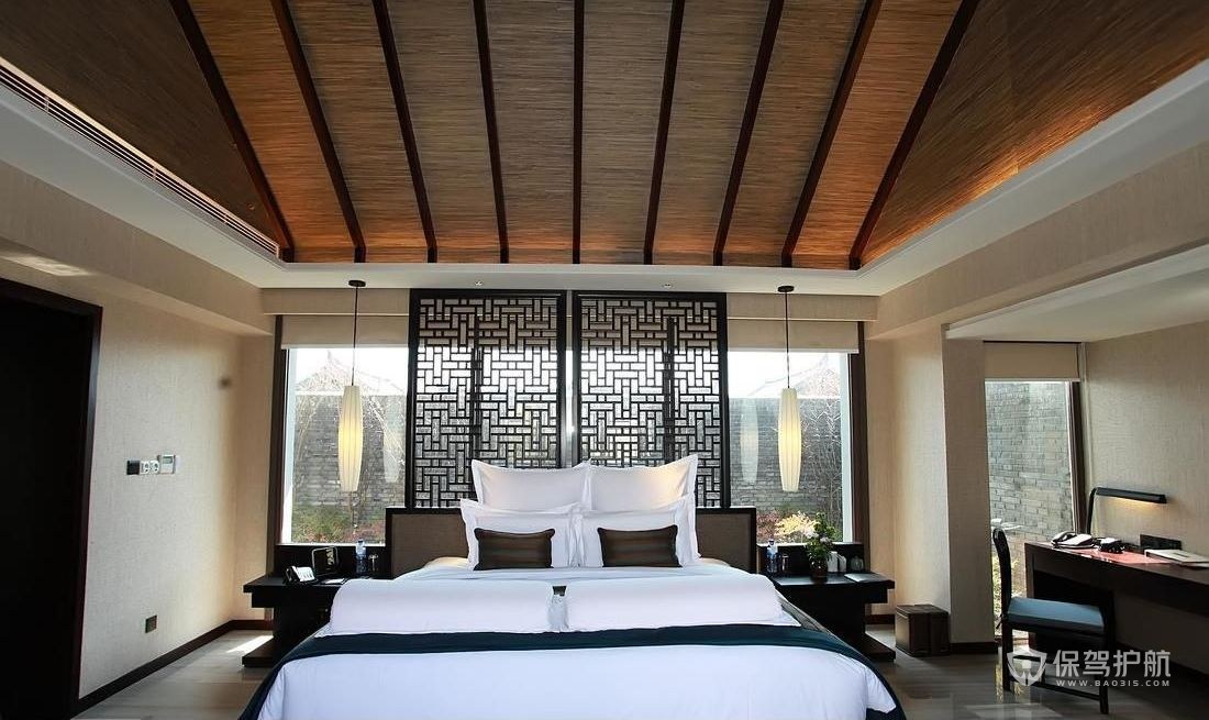现代中式酒店双人大床房装修效果图