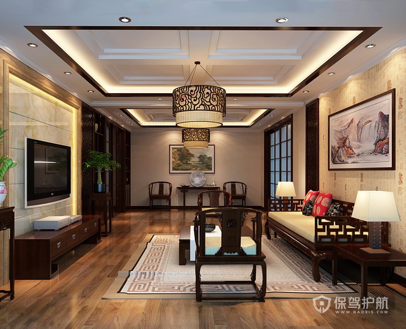 中式古典三室客厅装修实景图
