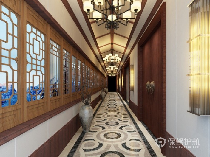 中式古典风酒店走廊装修效果图