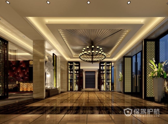 中式混搭美式酒店大堂装修效果图