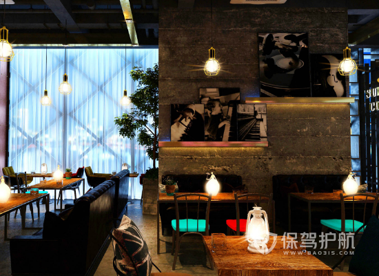 复古工业风格咖啡馆餐桌背景墙设计效果图