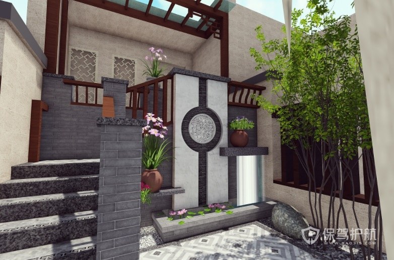 新中式小复式楼花园墙面装修效果图