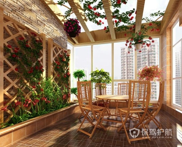 中式别墅田园风阳台创意小花园装修效果图