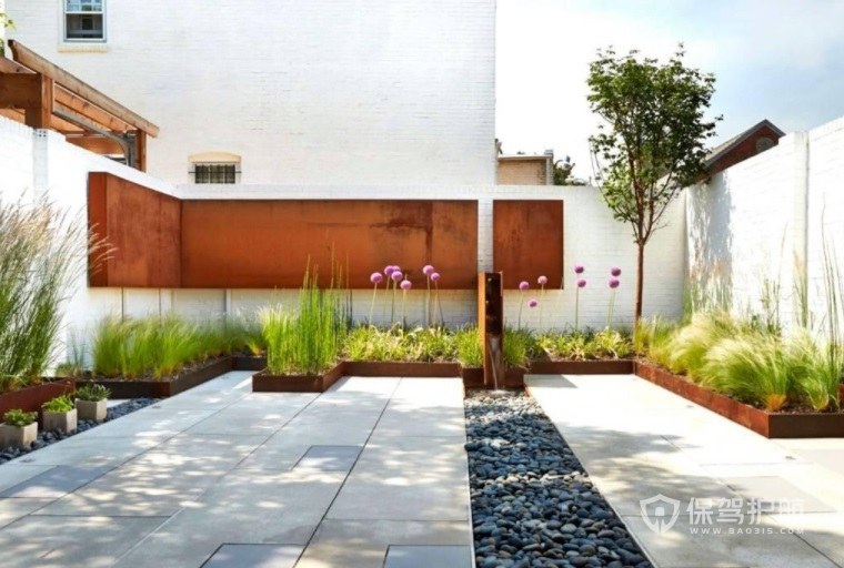 现代极简风洋房庭院花园地面装修效果图