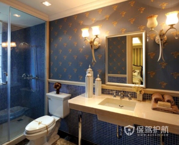 欧式轻奢风蓝色系卫生间瓷砖装修效果图
