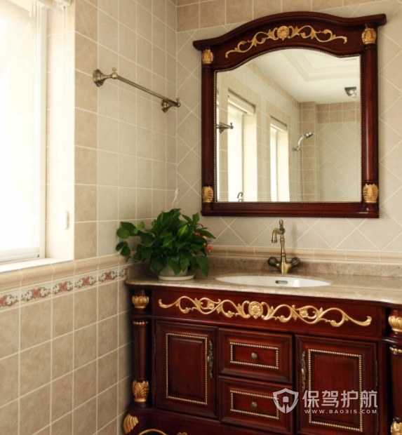 中式复古风卫生间实木浴室柜装修效果图