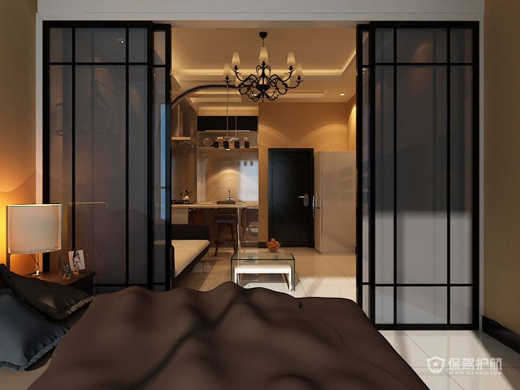 现代风格单身公寓卧室推拉门装修效果图