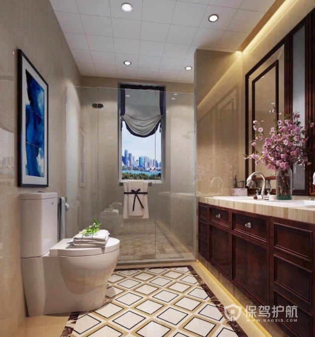 别墅新中式古典风卫生间豪华浴室柜装修效果图