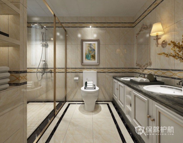 中式轻奢风卫生间混合材质浴室柜装修效果图