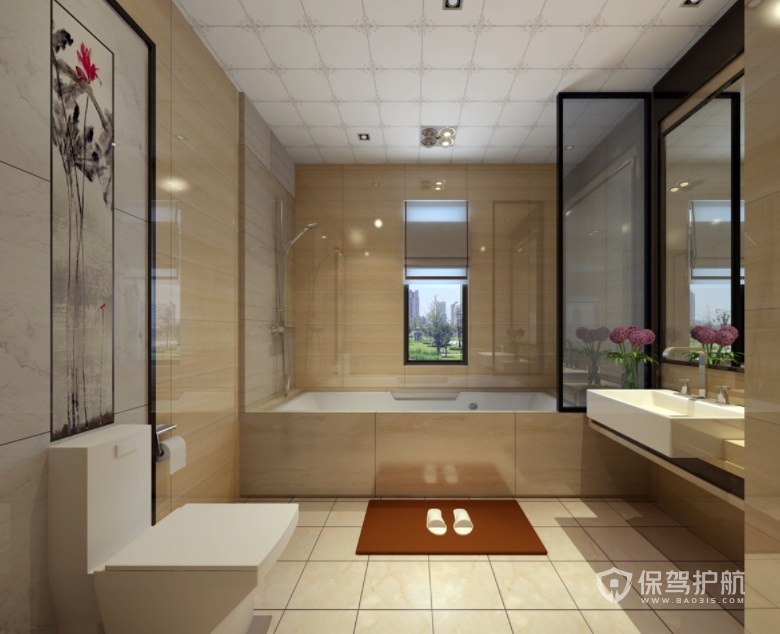新中式复古轻奢风卫生间墙画装修效果图