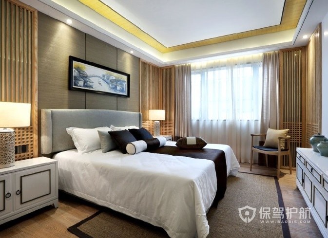 新中式轻奢风卧室金黄色窗帘装修效果图