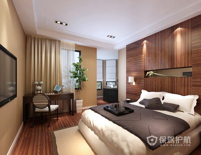 新中式卧室实木背景墙装修效果图