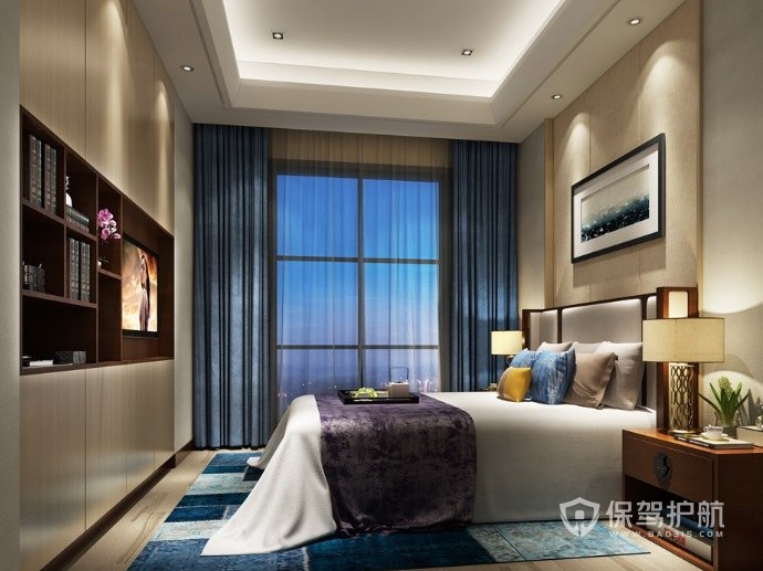 新中式宜家风卧室墙面内置物架装修效果图