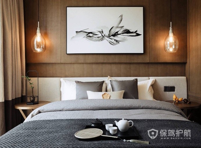 新中式古典风卧室床头水墨画装修效果图
