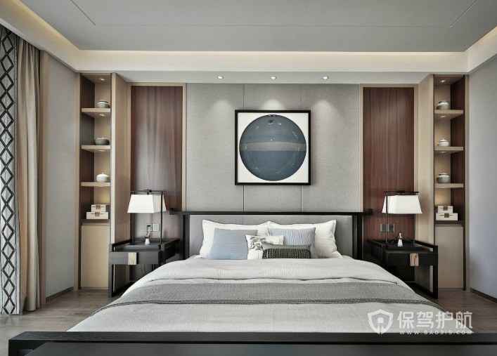 新中式简约风卧室淡雅背景墙装修效果图