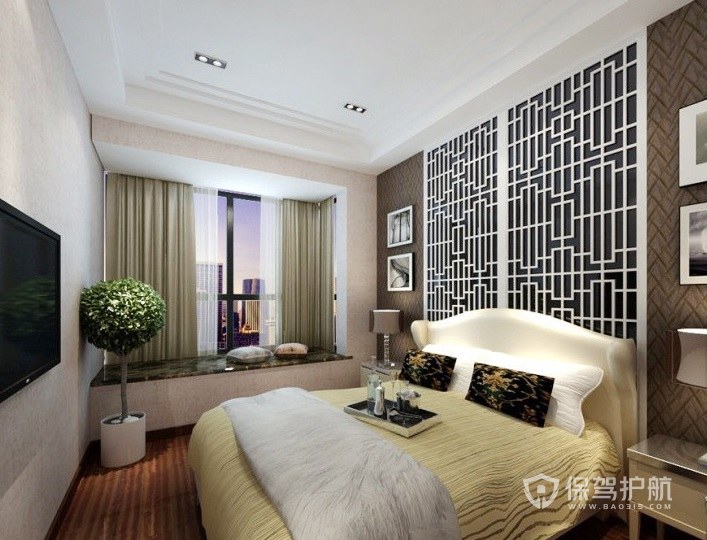 新中式混搭风卧室创意背景墙装修效果图