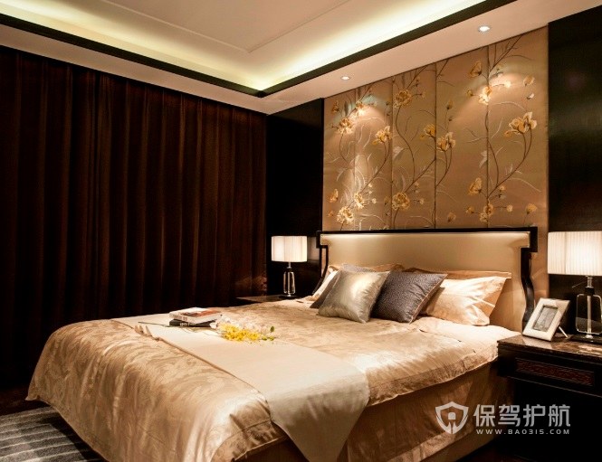中式典雅风卧室背景墙壁纸装修效果图