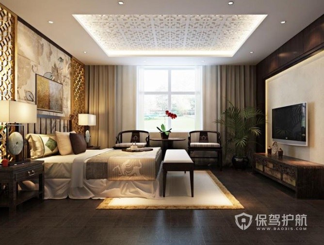 豪华别墅新中式古典风卧室吊顶装修效果图