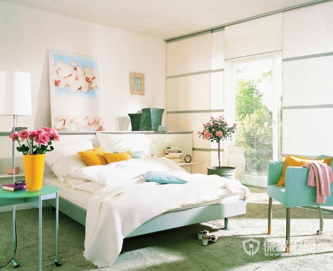 现代小清新风卧室绿色地毯装修效果图