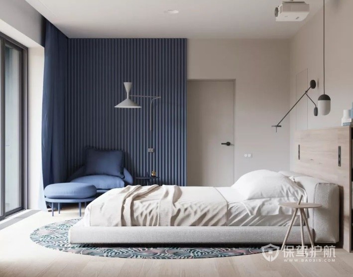 日式简约小清新风卧室蓝色窗帘装修效果图
