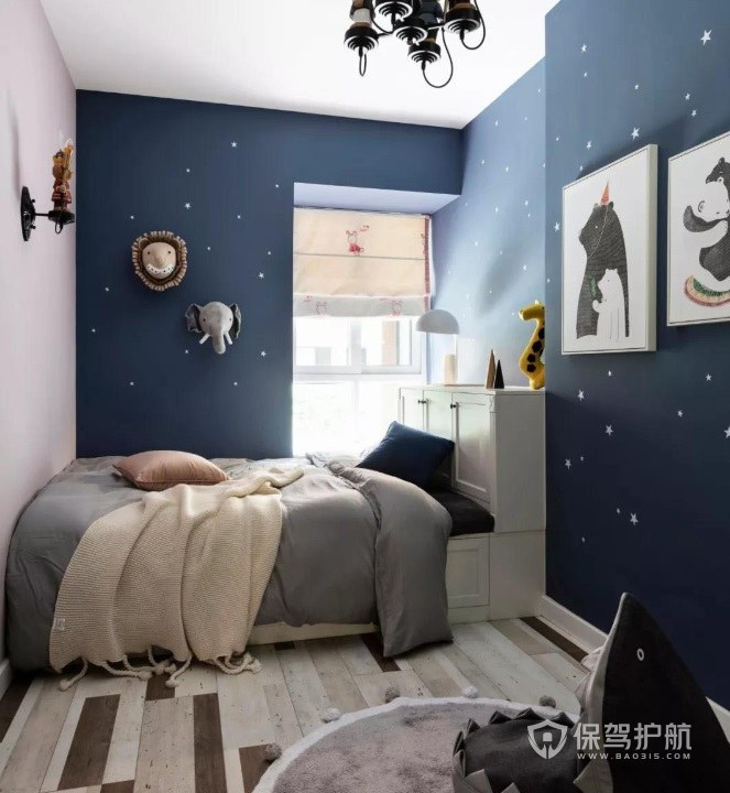 简约温馨风男生卧室深蓝波点壁纸装修效果图