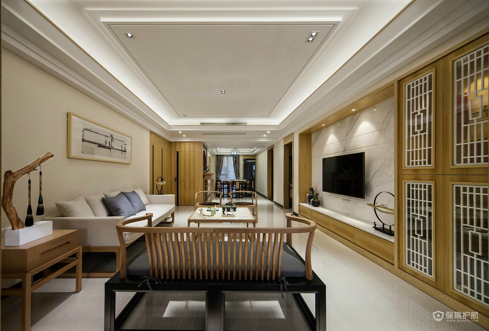 110平现代中式风格三居室客厅装修效果图