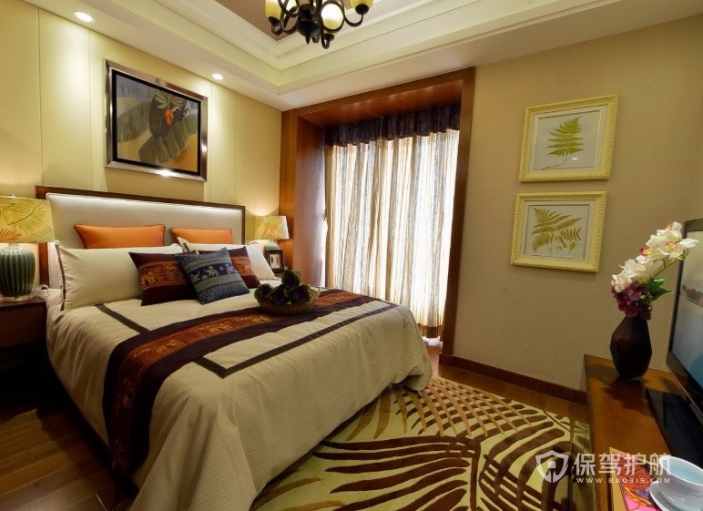 东南亚淡雅文艺风卧室床上用品装修效果图