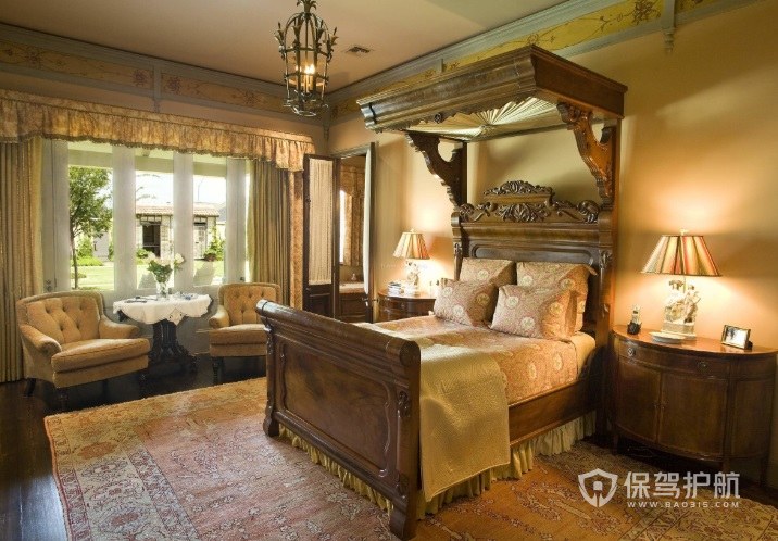 美式古典乡村风卧室实木床装修效果图