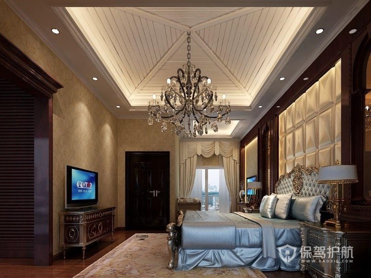 欧式古典风豪华卧室超大水晶吊灯装修效果图