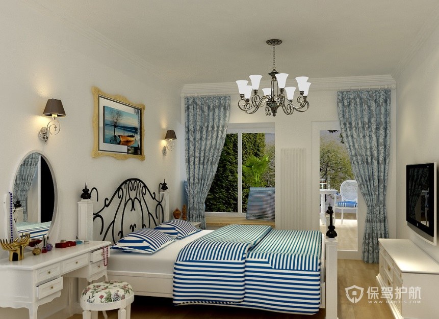 简约地中海风卧室蓝色窗帘装修效果图