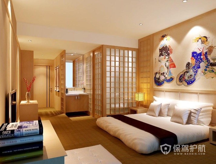纯日式古典风卧室墙绘背景墙装修效果图