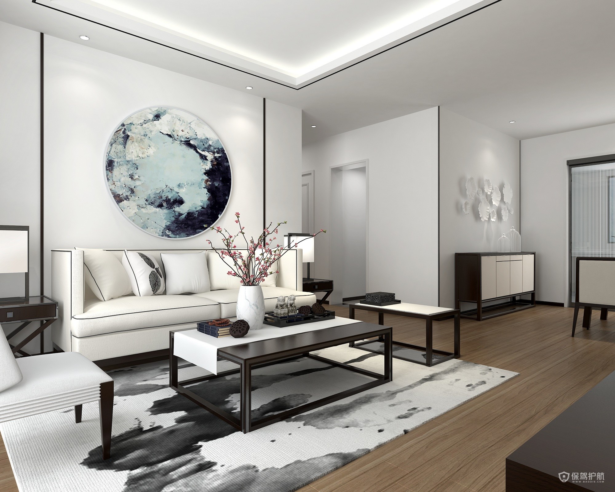 简约新中式风格三房客厅沙发背景墙装修效果图