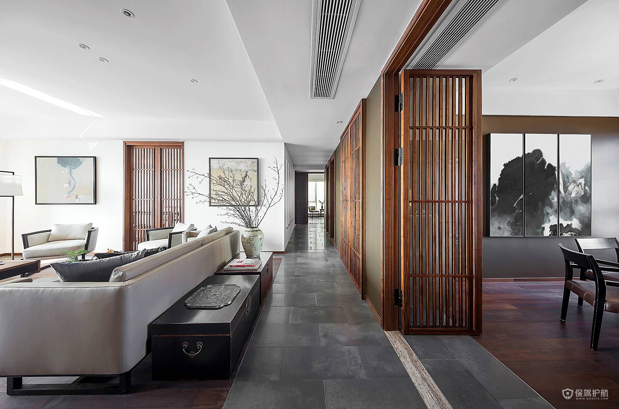 180平新中式三居室客厅过道走廊装修效果图