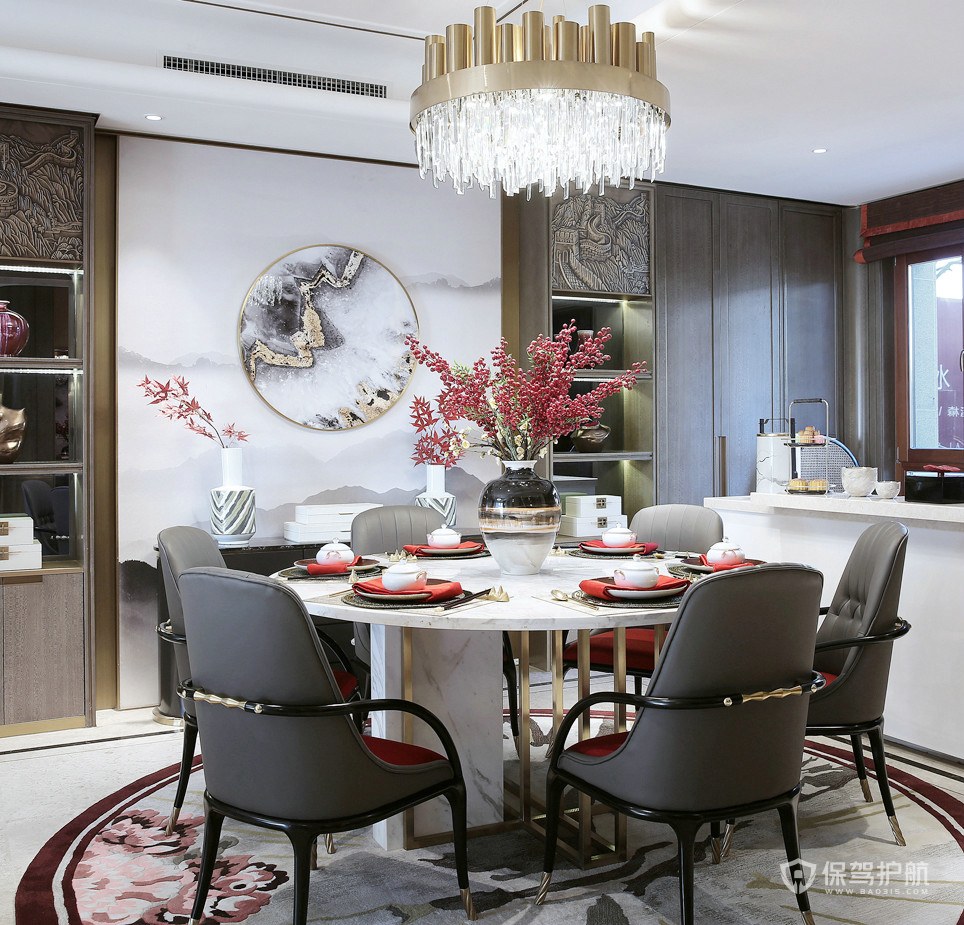 新中式轻奢风格别墅餐厅背景墙装修效果图