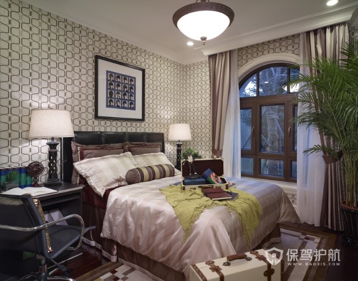新中式复古风卧室圆球吸顶灯装修效果图