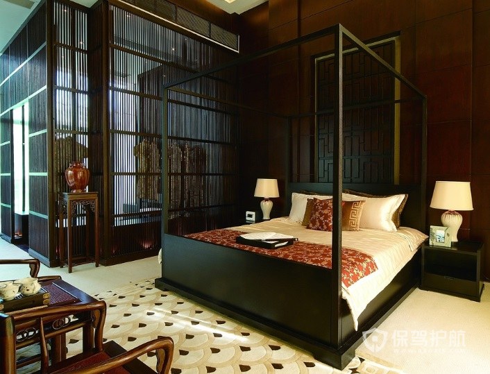 中式复古淡雅风卧室木制背景墙装修效果图